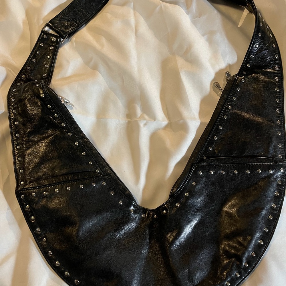 Black Leather Studded Reversible Sash Bag